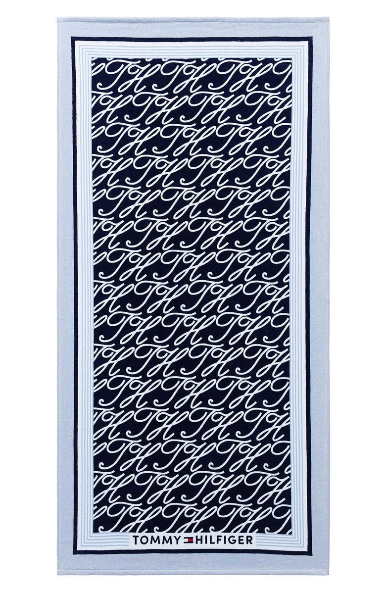 Tommy Hilfiger Allover Monogram Beach Towel, Main, color, Navy Multi