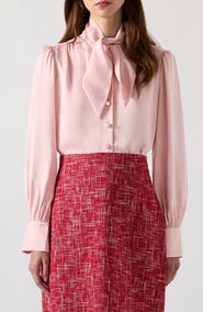 LK Bennett Hall Tie Neck Crepe Button-Up Shirt