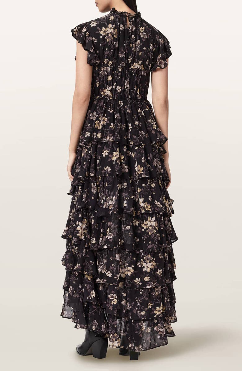 AllSaints Shaela Floral Tiered Ruffle High-Low Dress, Alternate, color, Vine Black