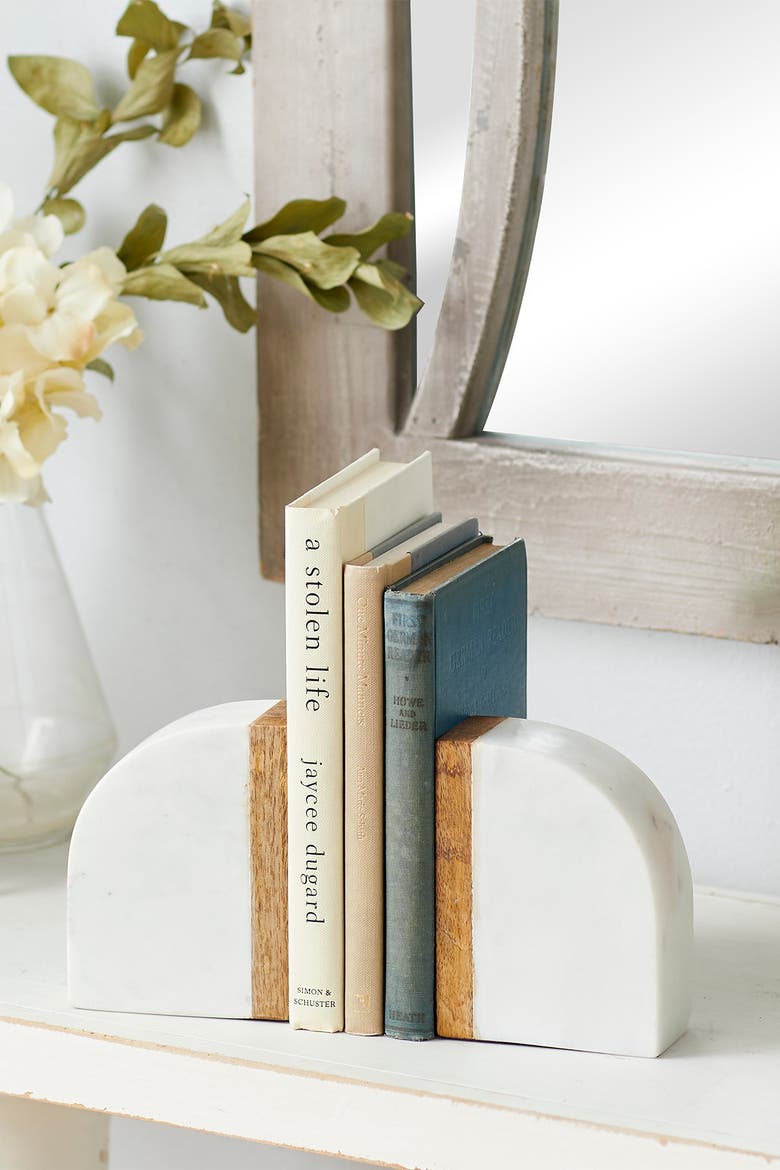 White Marble Bookend with Wood Detail - Set of 2, Alternate, color, WHITE