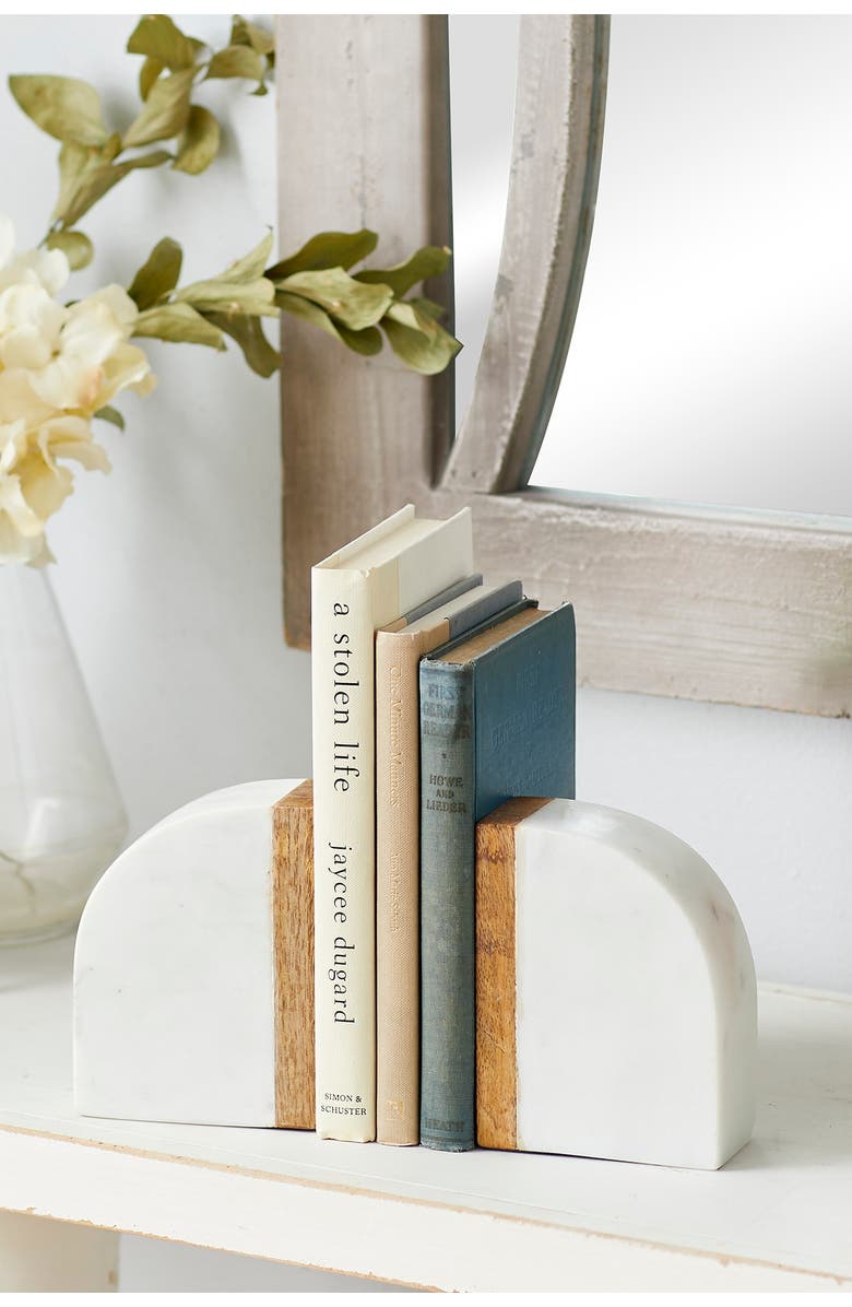 GINGER BIRCH STUDIO White Marble Bookend with Wood Detail - Set of 2, Alternate, color, White