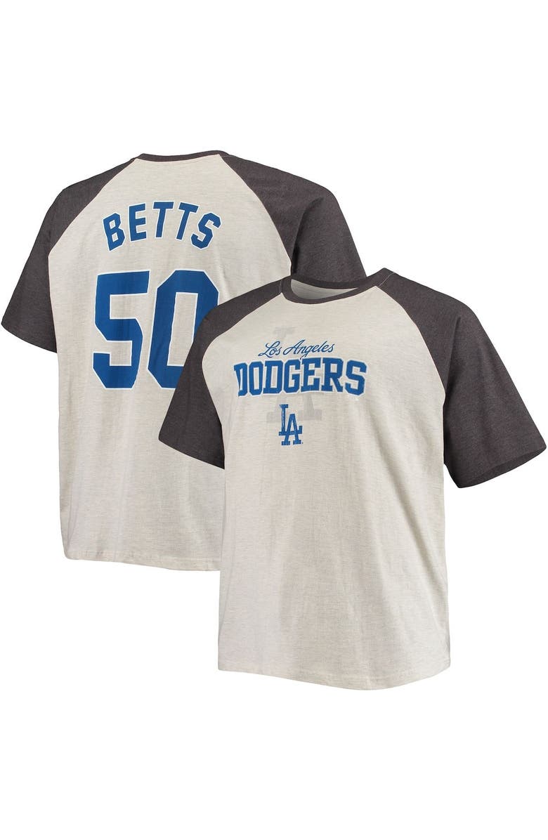 PROFILE Men's Mookie Betts Oatmeal/Heathered Charcoal Los Angeles Dodgers Big & Tall Name & Number Raglan T-Shirt, Main, color,