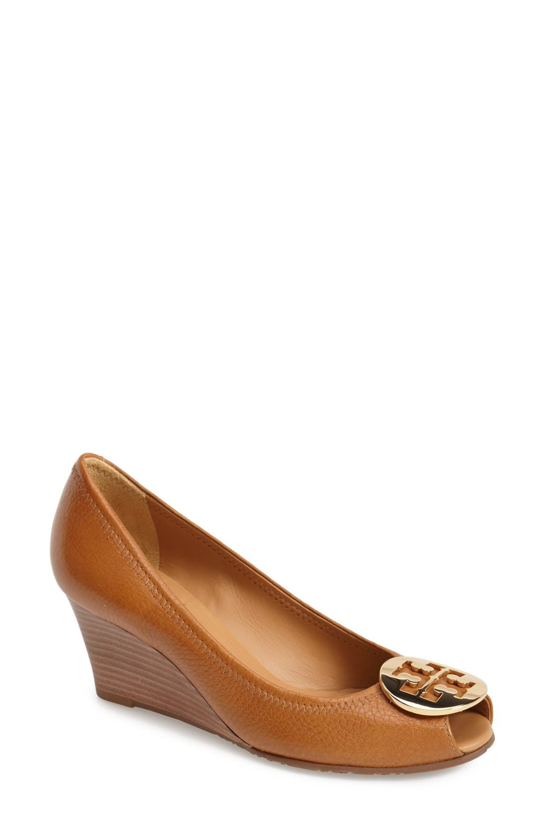 'Sally 2' Peep Toe Wedge Pump, Main, color, ROYAL TAN/ GOLD LEATHER
