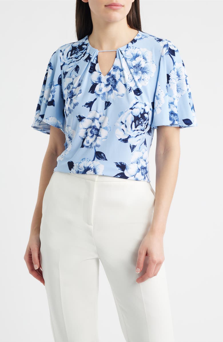 Anne Klein Pleated Flutter Sleeve Top, Main, color, Lakeshore Multi