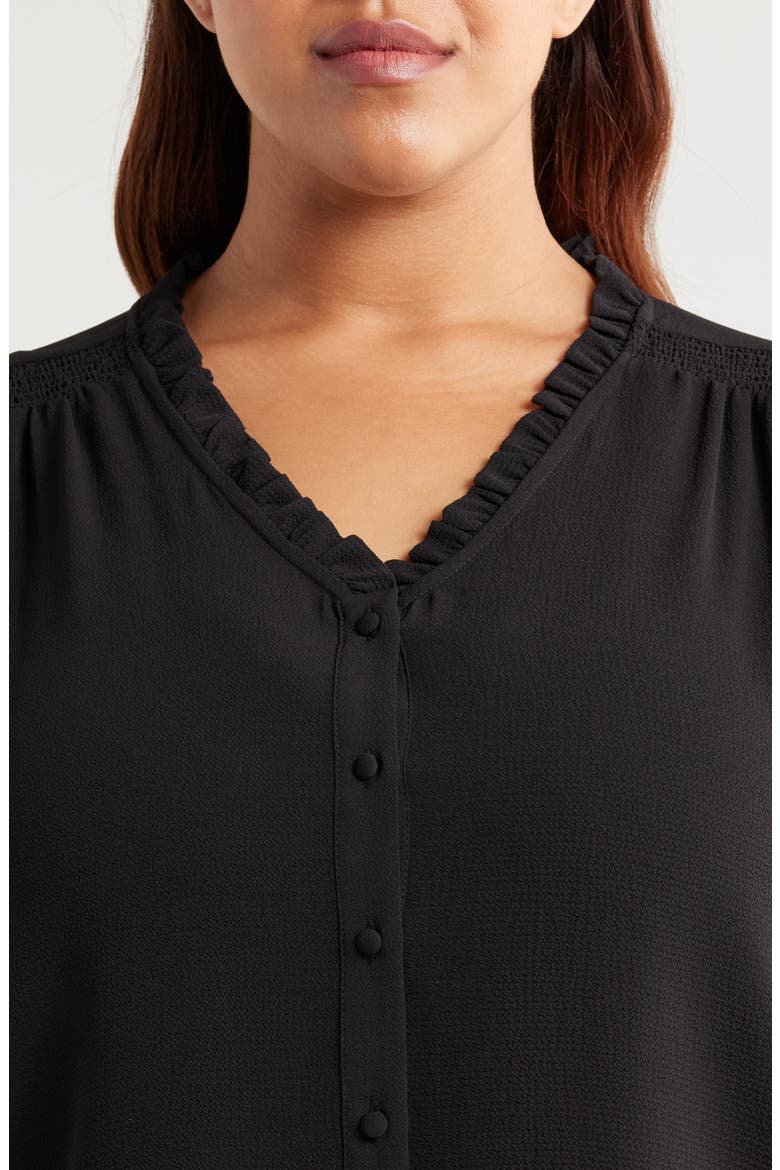 Ruffle Trim V-Neck Button-Up Top, Alternate, color, RICH BLACK