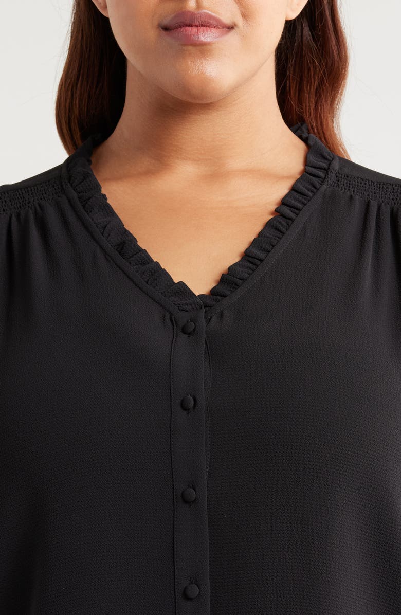 CeCe Ruffle Trim V-Neck Button-Up Top, Alternate, color, 