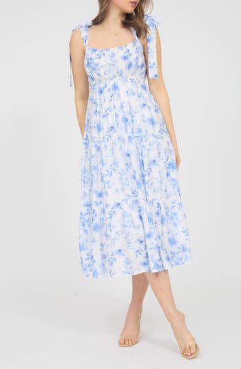 August Sky Shoulder Tie Floral Midi Dress