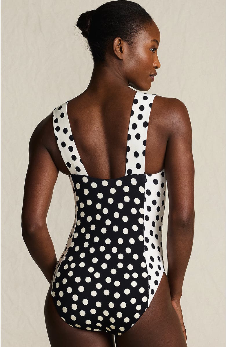 Lands' End Square Neck High Leg One Piece Swimsuit, Alternate, color, Black/Egret Mixed Tossed Dots