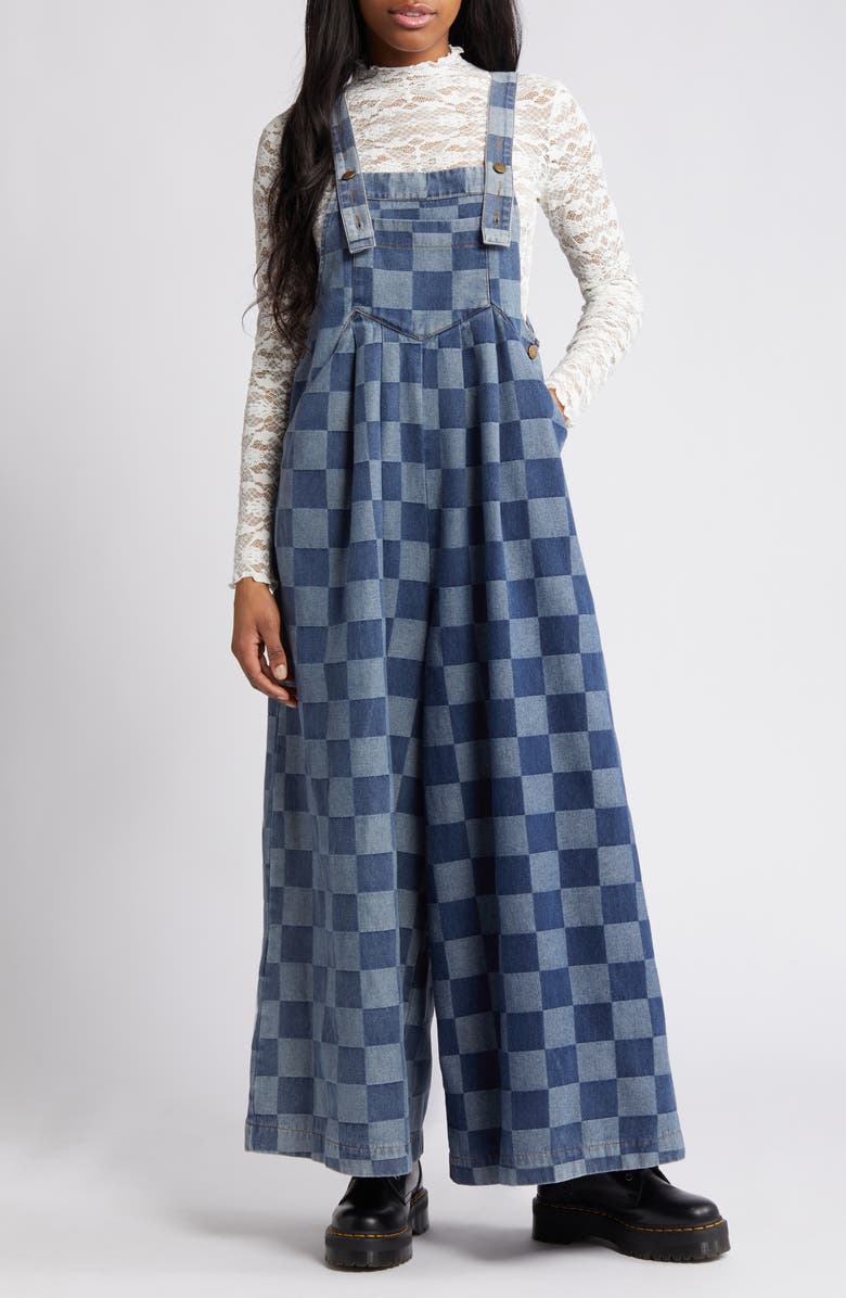 Dressed in Lala Checkerboard Wide Leg Denim Overalls, Main, color, 