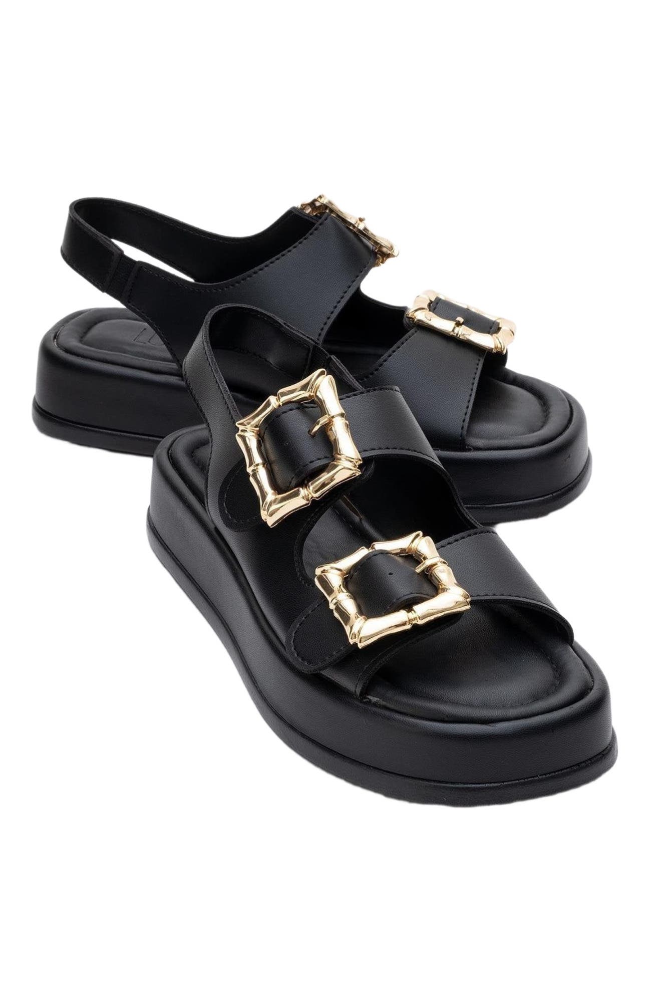 Slope Double Strap Sandal, Alternate, color, Black Faux Leather