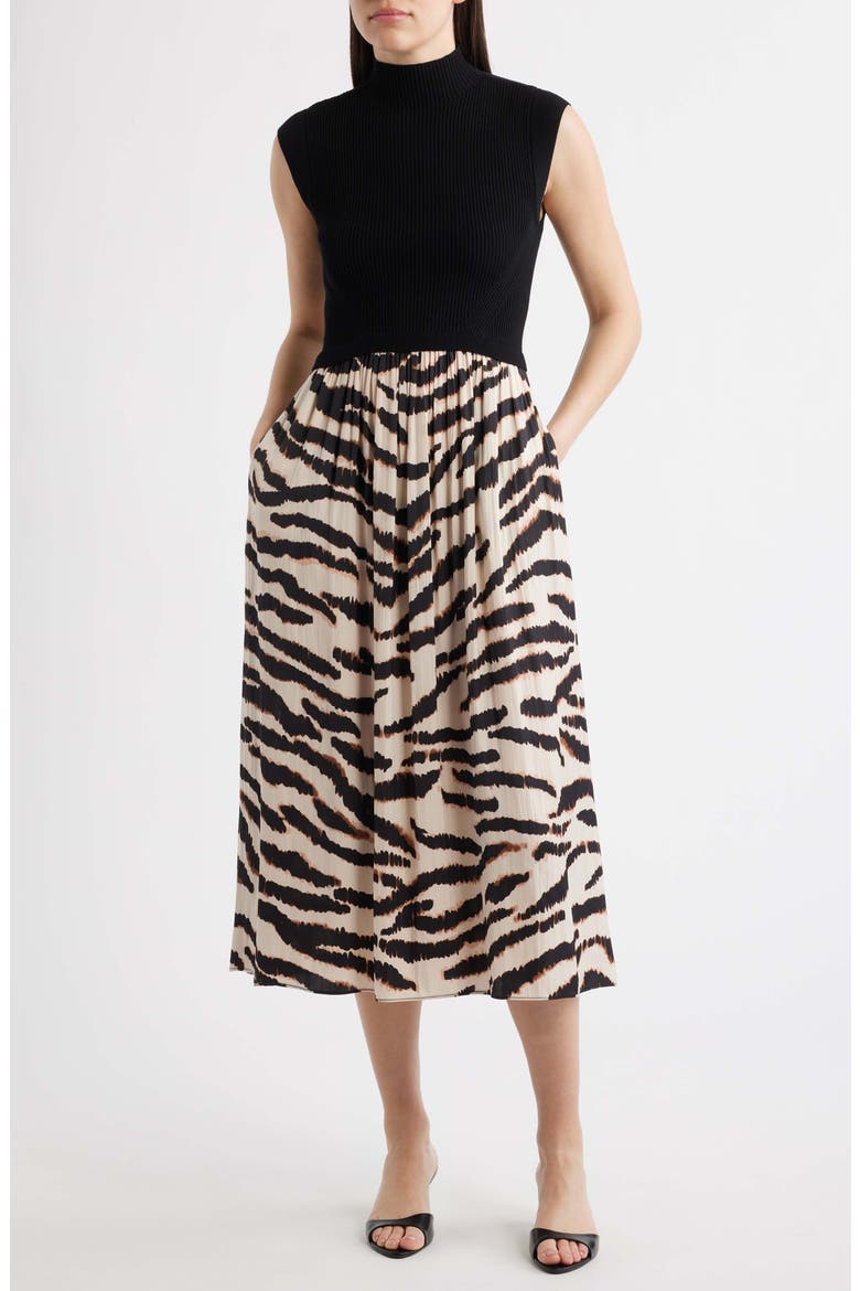 Mock Neck Cap Sleeve Midi Dress, Main, color, BLACK MULTI