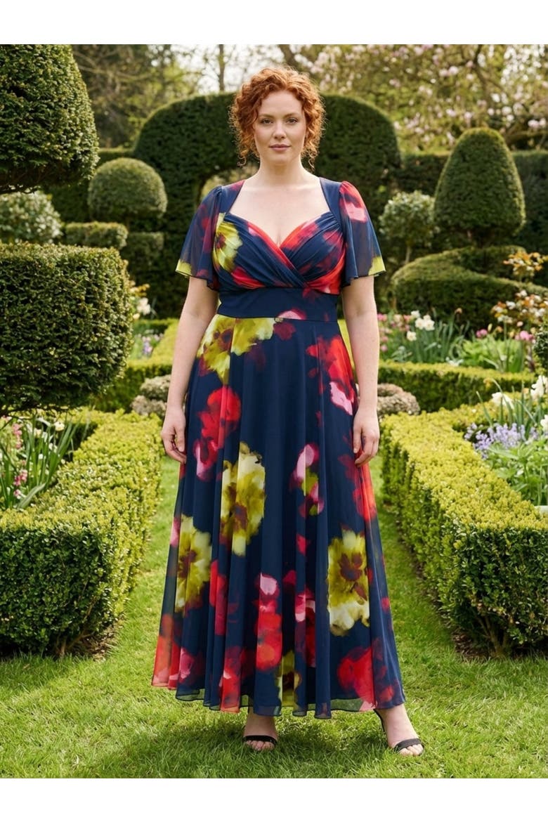 Kemi Bolero Wrap Bodice Maxi Gown, Alternate, color, Navy Red Multi