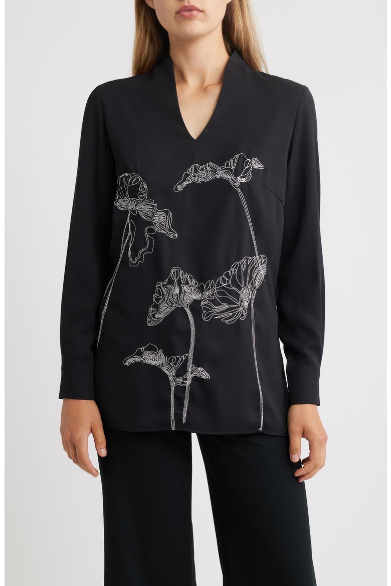 Embroidered Crêpe de Chine Stand Collar Tunic, Main, color, BLACK/ WHITE
