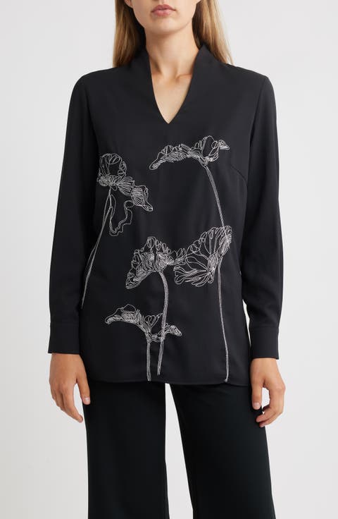 Embroidered Crêpe de Chine Stand Collar Tunic
