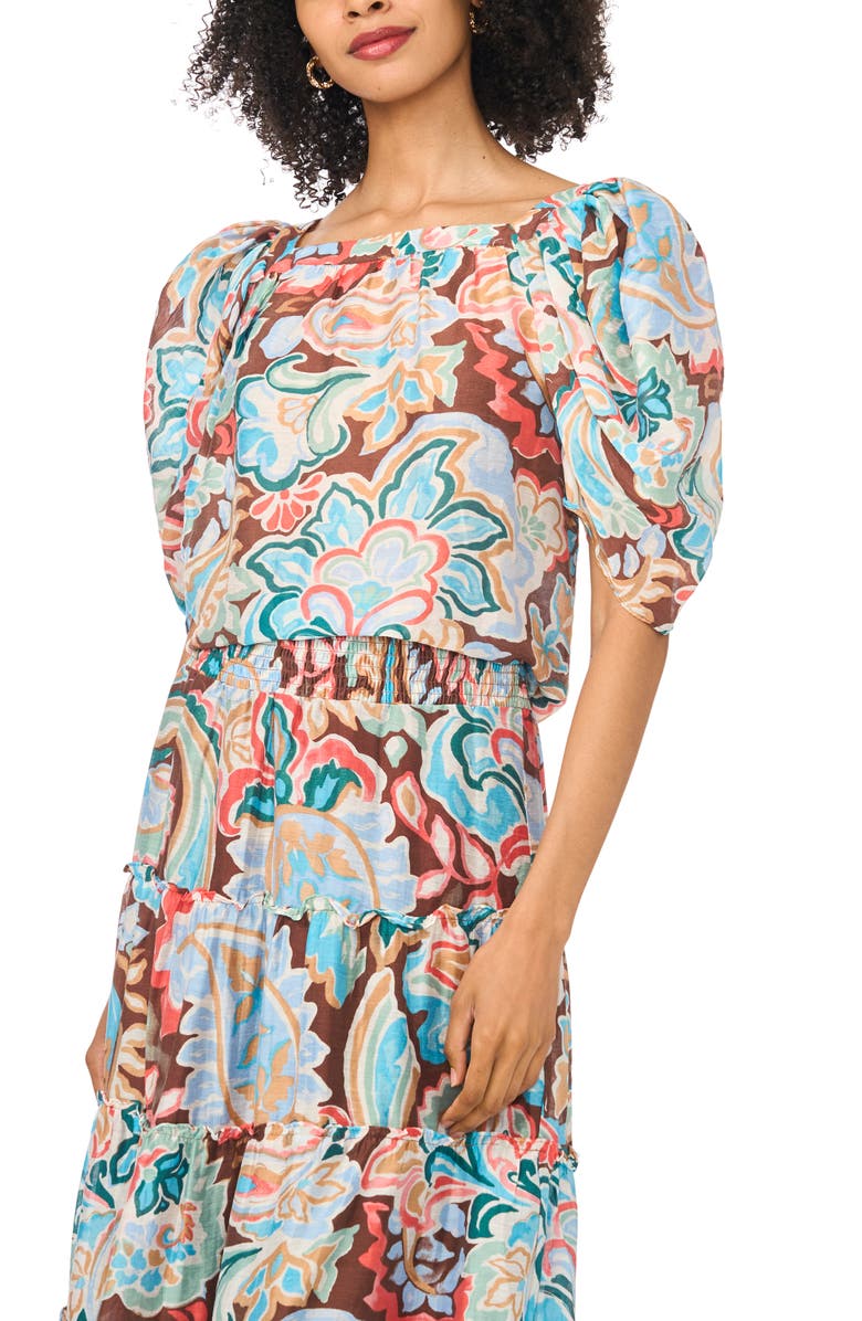 Vince Camuto Short Sleeve Tiered Midi Dress, Alternate, color, Cocoa