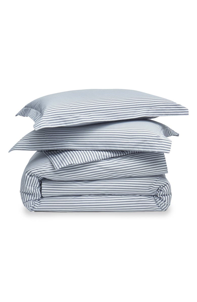 Petite Plume French Ticking Cotton Percale Duvet Cover & Shams Set, Main, color, Navy