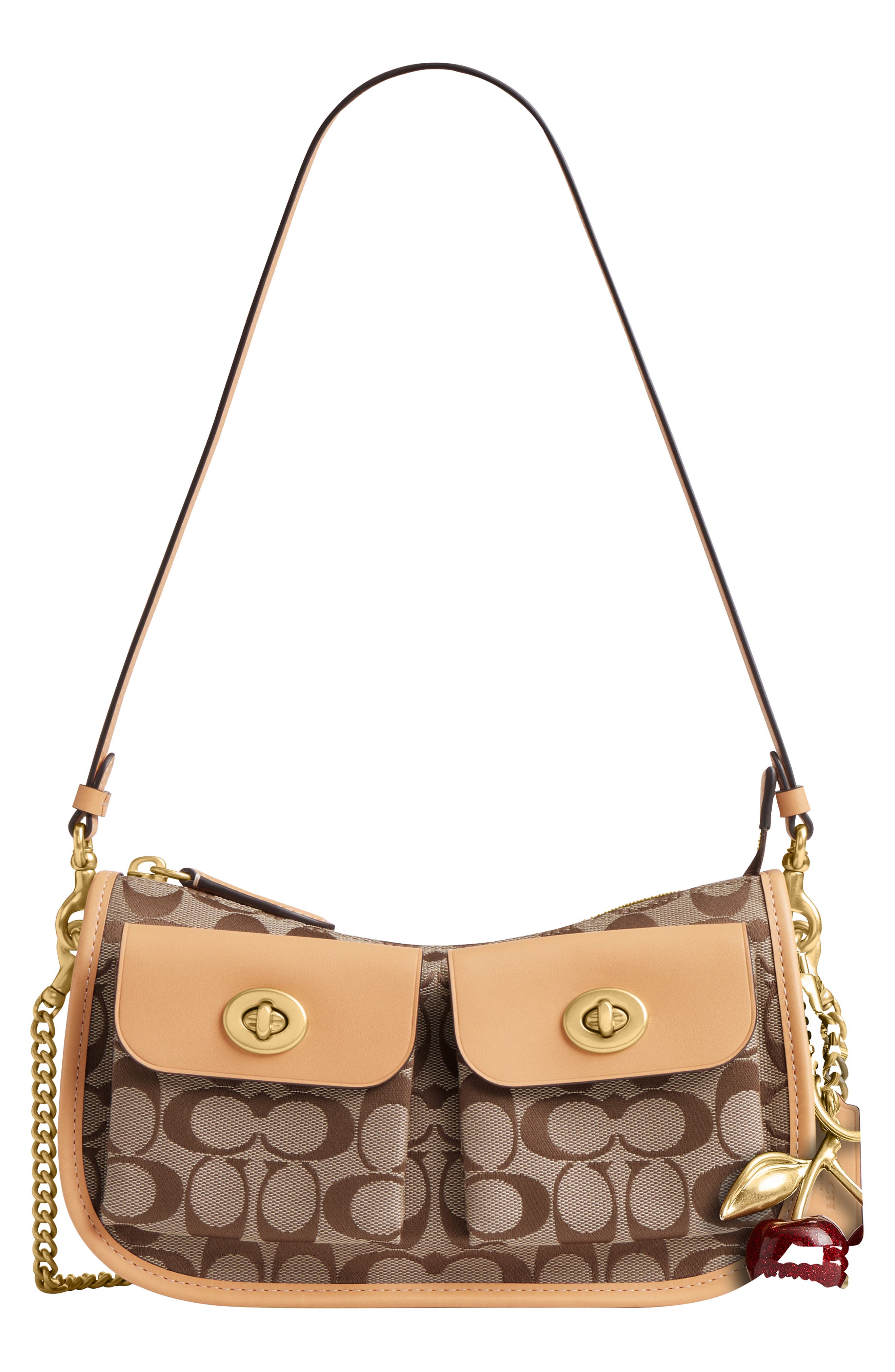 COACH Waverly Twin Turnlock Signature Jacquard & Leather Shoulder Bag, Alternate, color, Khaki Light Peach