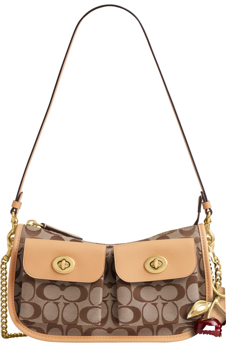 COACH Waverly Twin Turnlock Signature Jacquard & Leather Shoulder Bag, Alternate, color, Khaki Light Peach