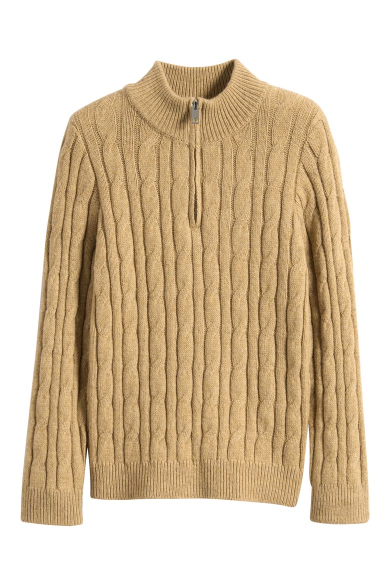 Kids' Clovelly Quarter Zip Wool Blend Cable Sweater, Main, color, CAMEL MELANGE