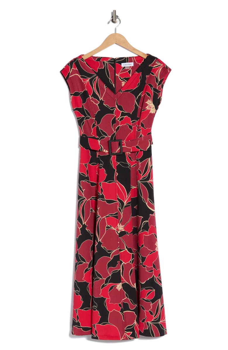 Calvin Klein Floral Cap Sleeve Belted Midi Dress, Alternate, color, Red Multi