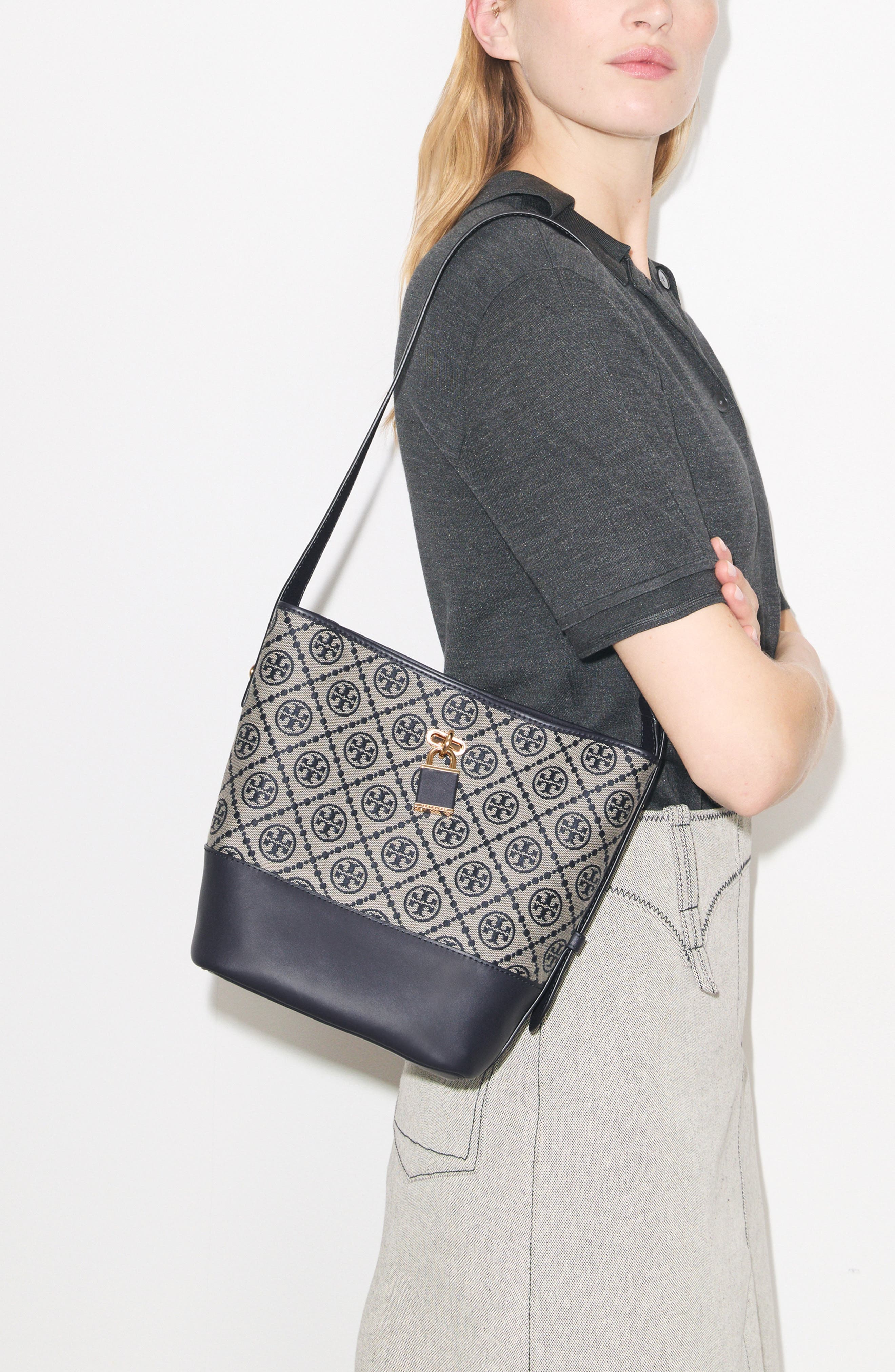 Tory Burch Medium Lock T Monogram Bucket Bag, Alternate, color, Tory Navy