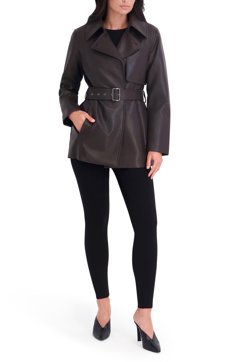 Faux Leather Belted Trench Coat, Alternate, color, CHOCOLATE