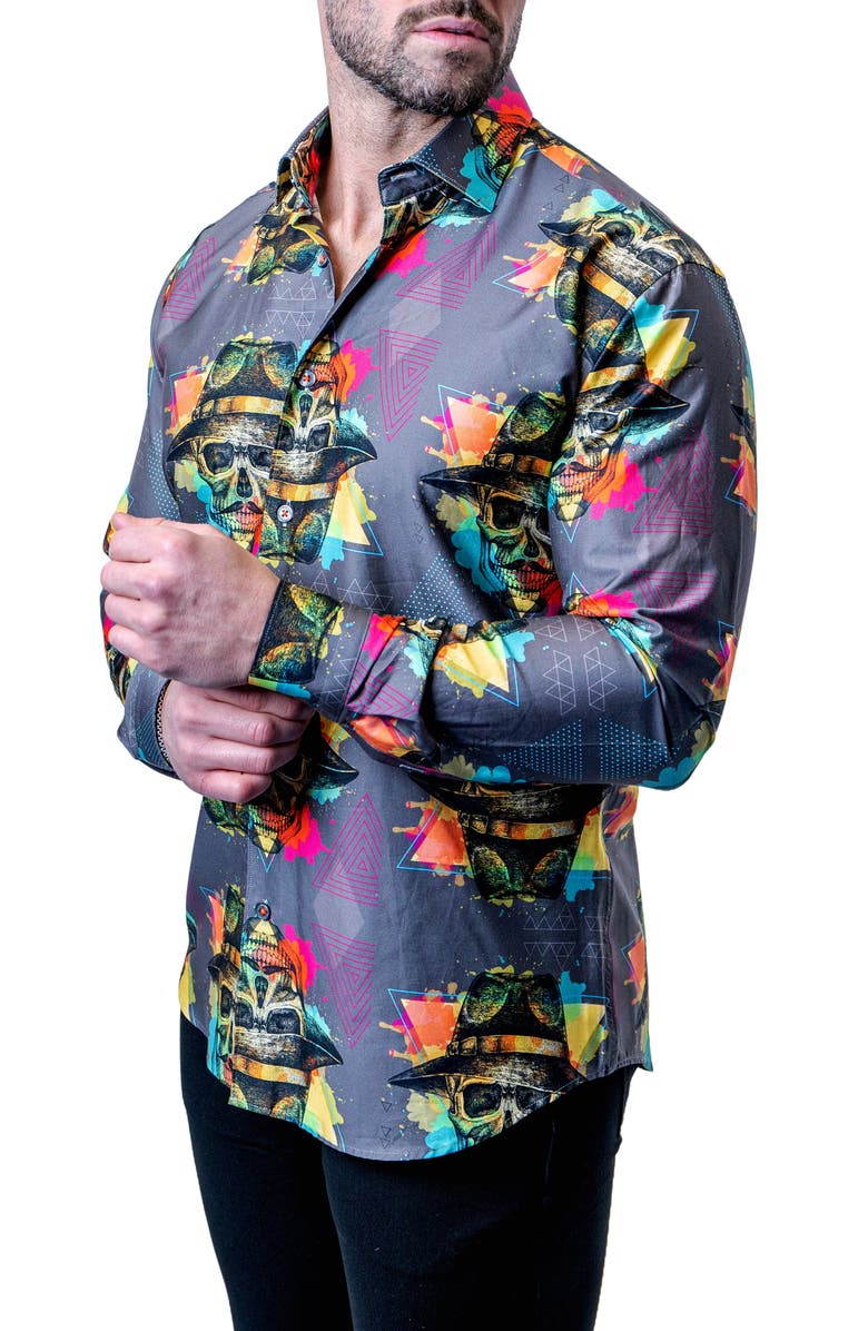 Maceoo Fibonacci Mob Skull Multi Contemporary Fit Button-Up Shirt, Alternate, color, Grey Multi