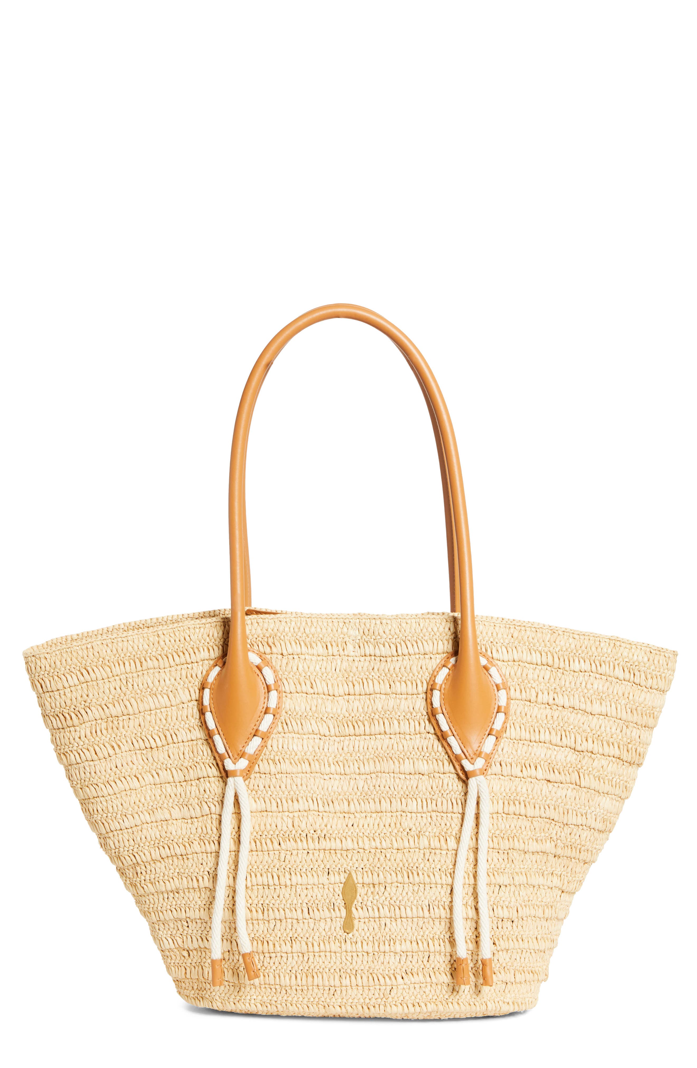 Large Woven Raffia Basket Tote, Main, color, 6370 NATURAL/ CUOIO