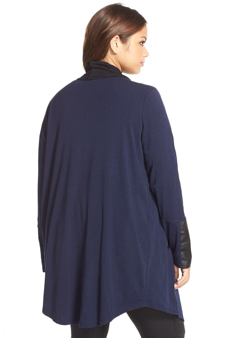 Faux Leather Trim Waterfall Cardigan, Alternate, color, NAVY/ BLACK