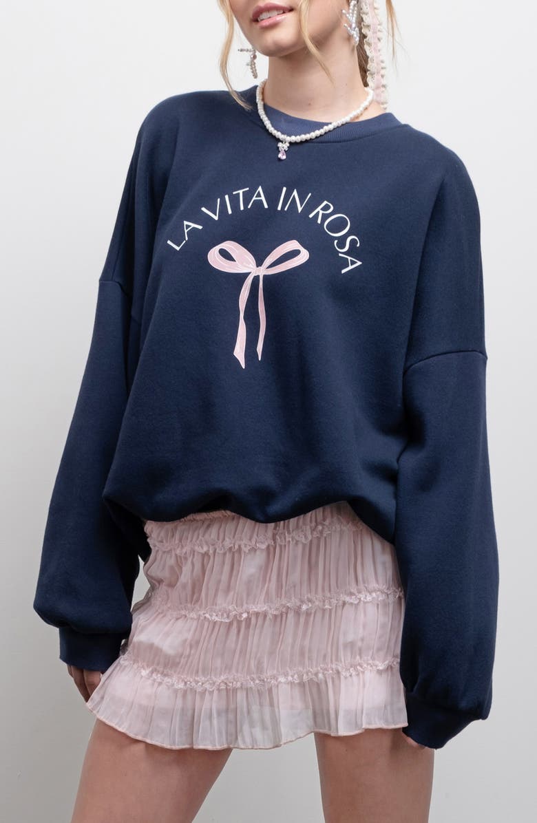 Blu Pepper Bow Crewneck Sweatshirt, Main, color, Navy