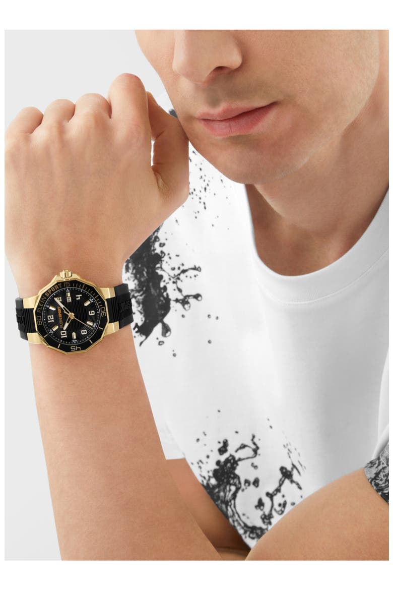 Titan Silicone Strap Watch, 44mm, Alternate, color, BLACK/ GOLD