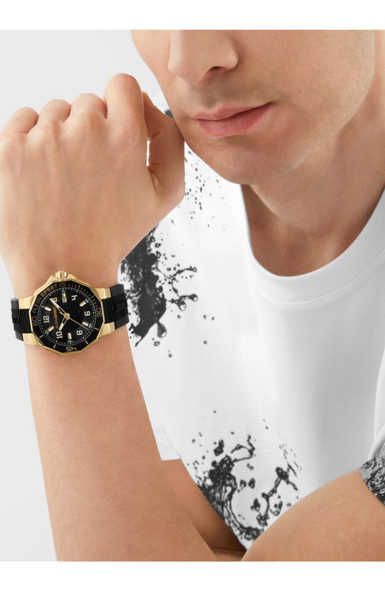 PLEIN SPORT Titan Silicone Strap Watch, 44mm, Alternate, color, Black/ Gold