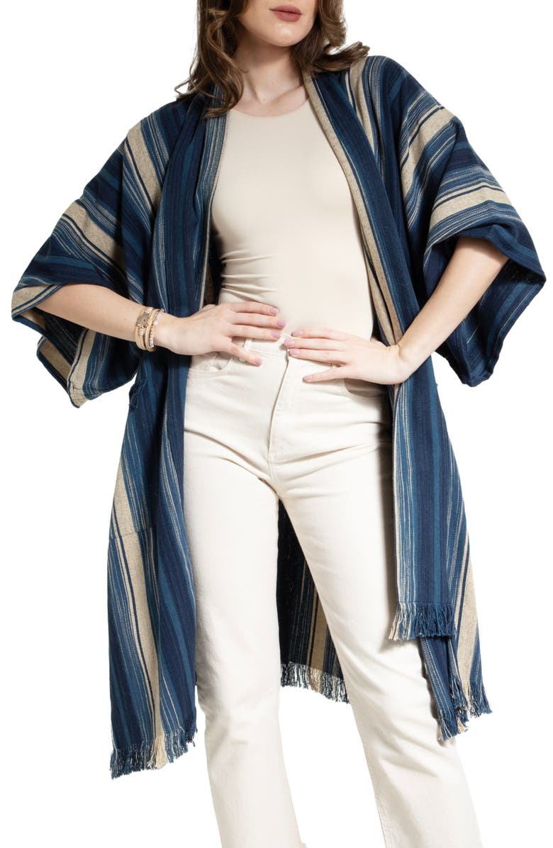 SAACHI Striped Fringe Trim Duster, Main, color, Navy