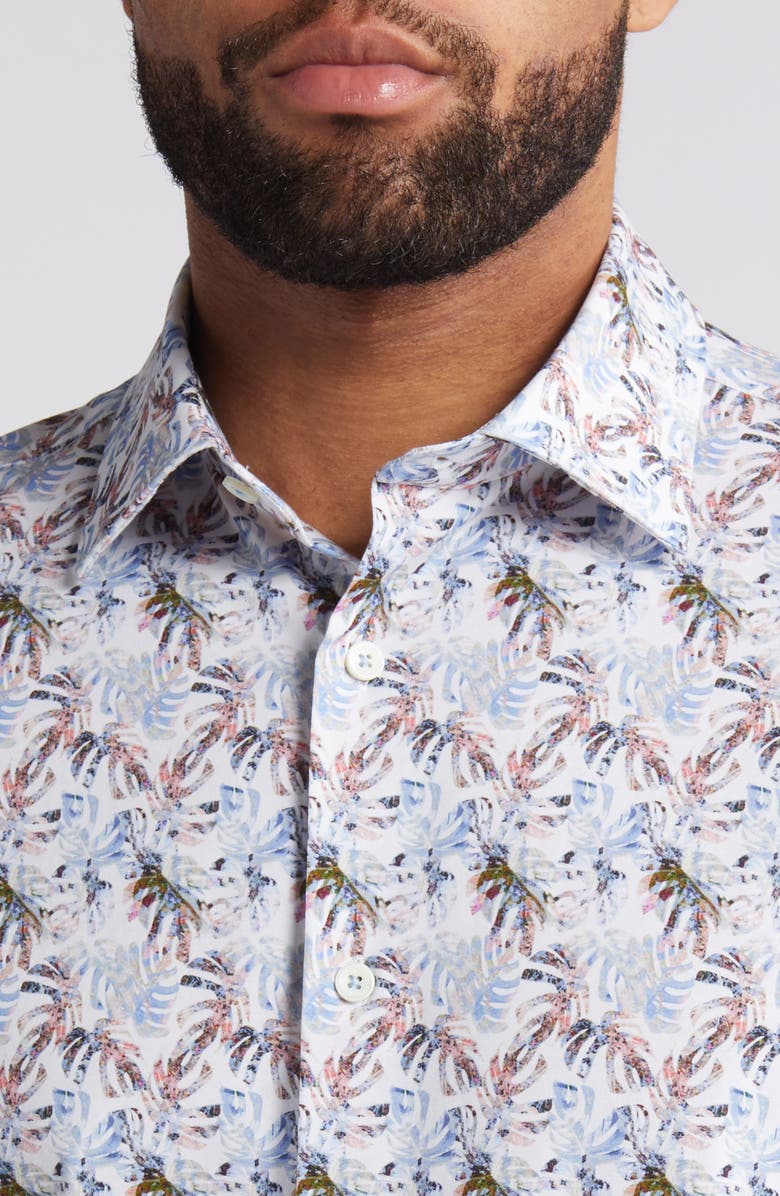 Bugatchi Miles OoohCotton<sup>®</sup> Leaf Print Short Sleeve Button-Up Shirt, Alternate, color, 