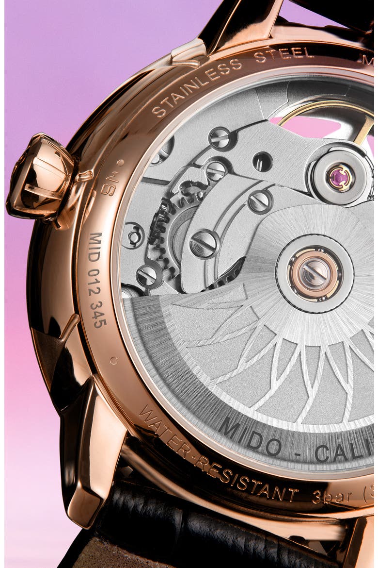 Rainflower Blossom Skeleton Automatic Leather Strap Watch, 34mm, Alternate, color, WHITE MOTHER OF PEARL