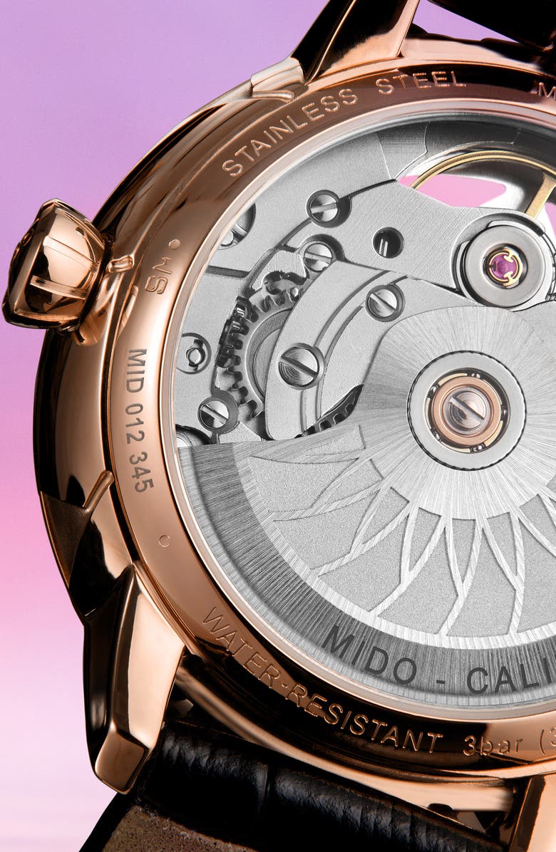 MIDO Rainflower Blossom Skeleton Automatic Leather Strap Watch, 34mm, Alternate, color, White Mother Of Pearl