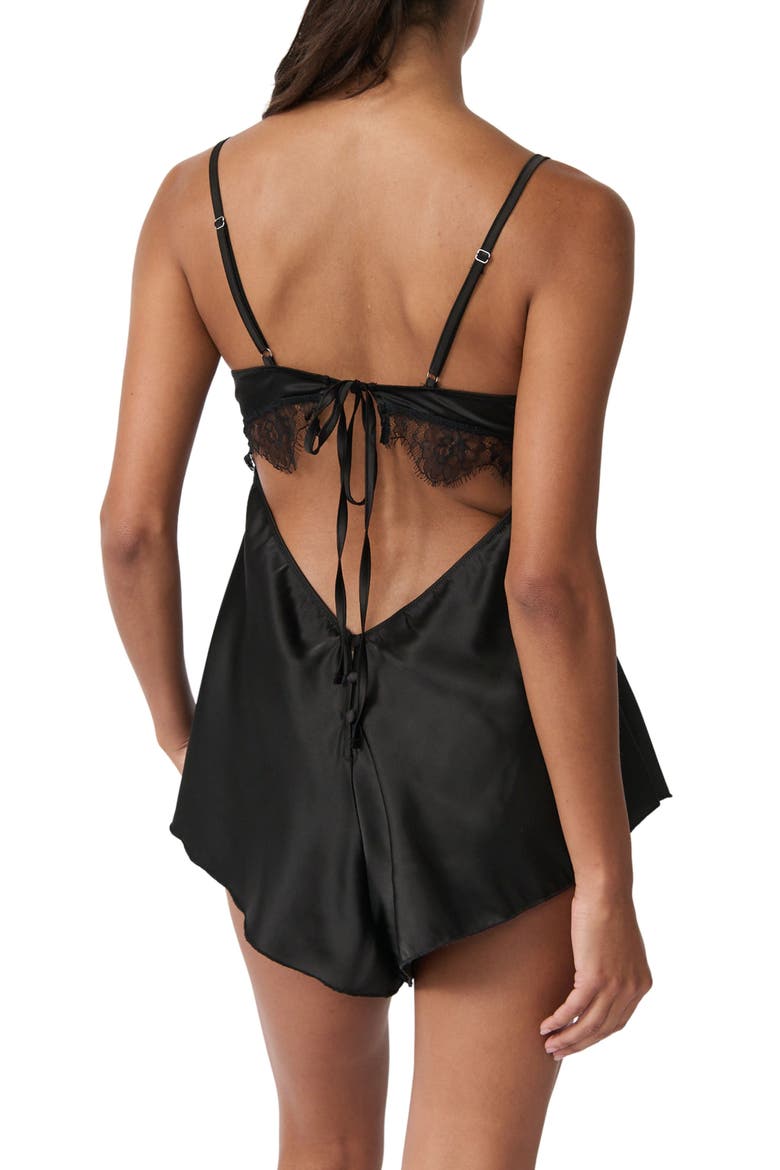 Ray Lace Trim Satin Teddy, Alternate, color, BLACK