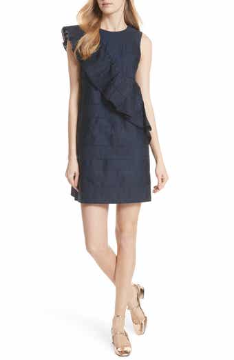 Ted Baker London Embroidered Ruffle Stretch Cotton Shift Dress