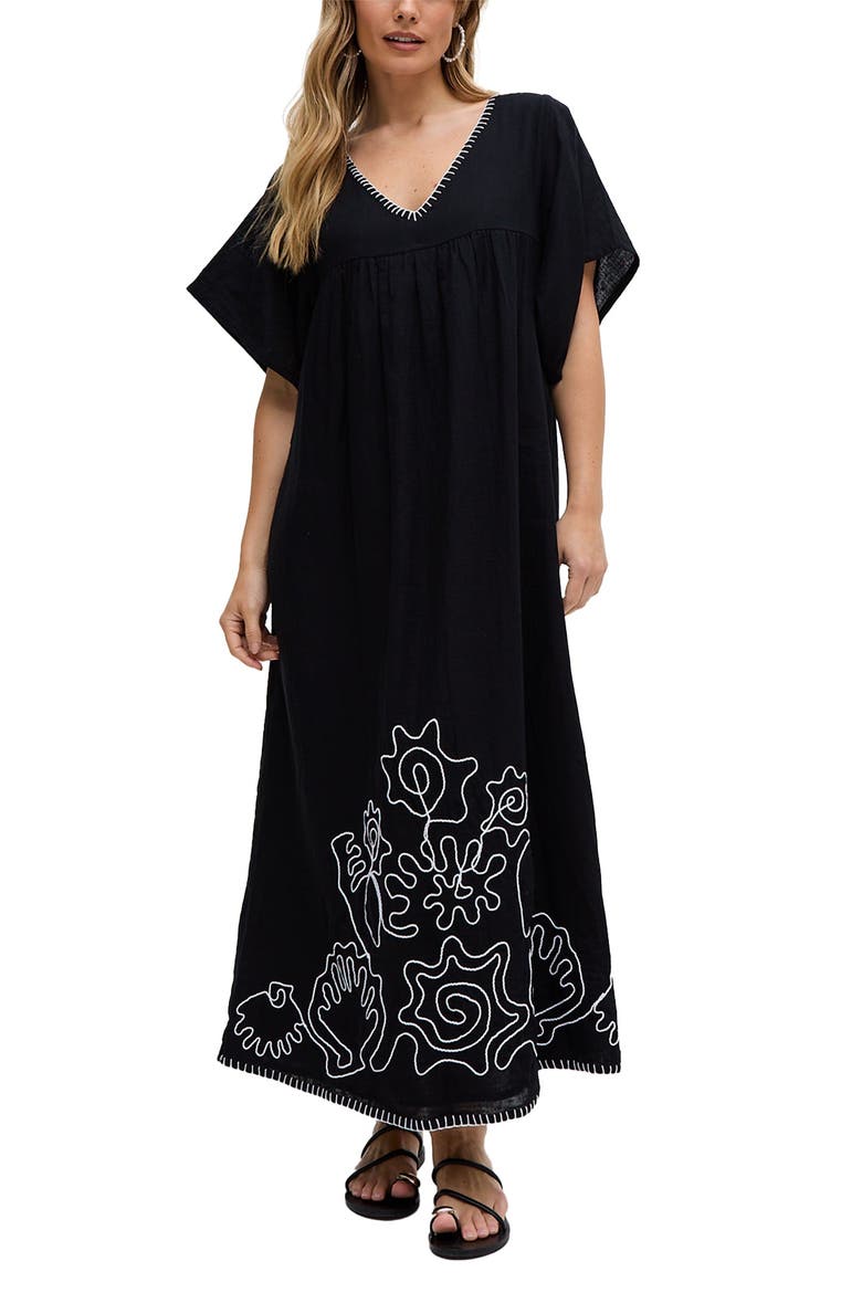 Candy Tabard Embroidered Hem Midi Dress, Alternate, color, Black