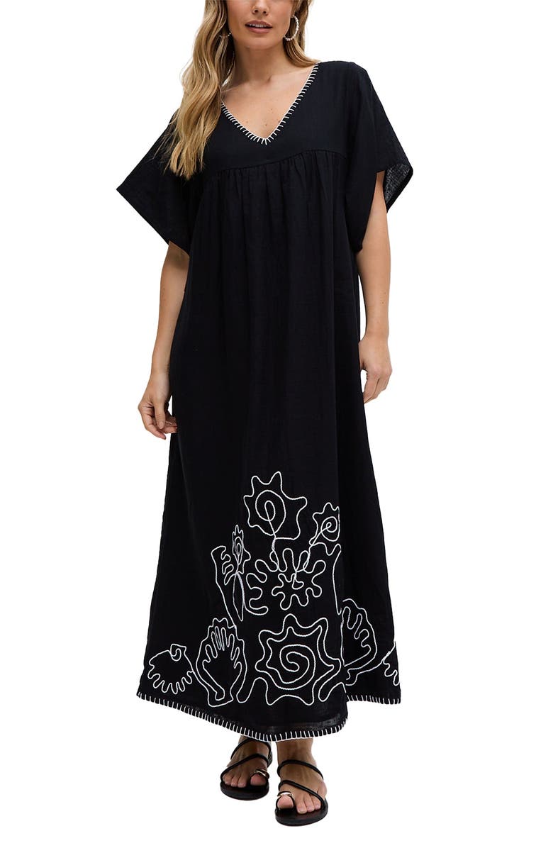 Raffya Candy Tabard Embroidered Hem Midi Dress, Alternate, color, Black
