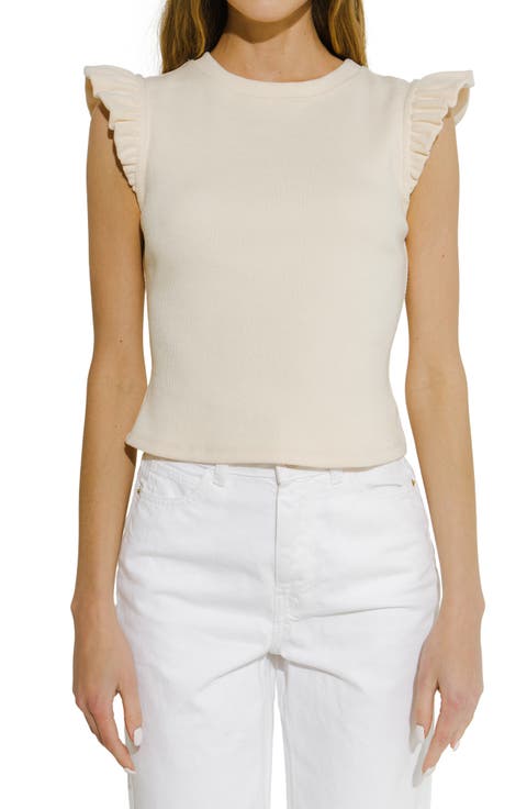 Ruffle Shoulder Cotton Blend Knit Top