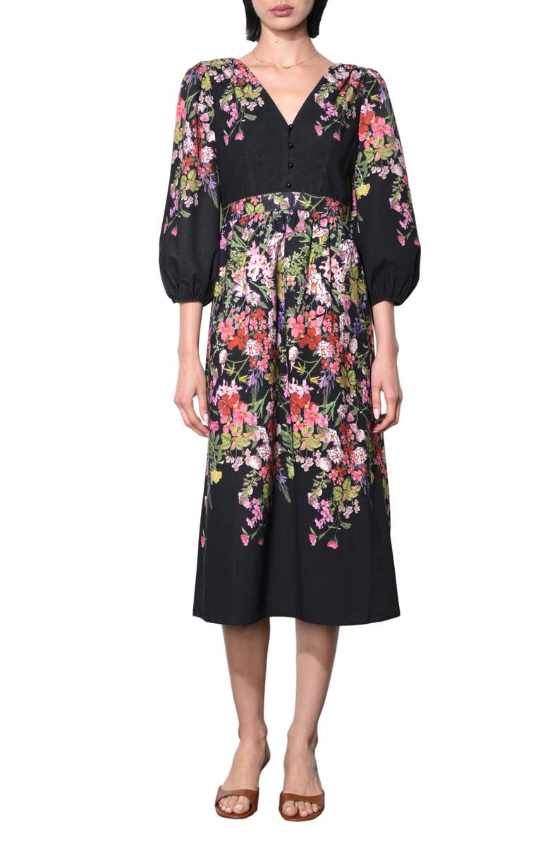 Adelyn Rae Tessa Floral Print Balloon Sleeve Midi Dress, Main, color, Black Floral