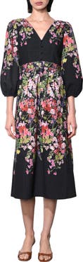 Adelyn Rae Tessa Floral Print Balloon Sleeve Midi Dress