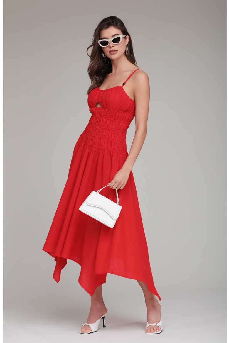Shirred Handkerchief Midi Dress, Alternate, color, HOT RED