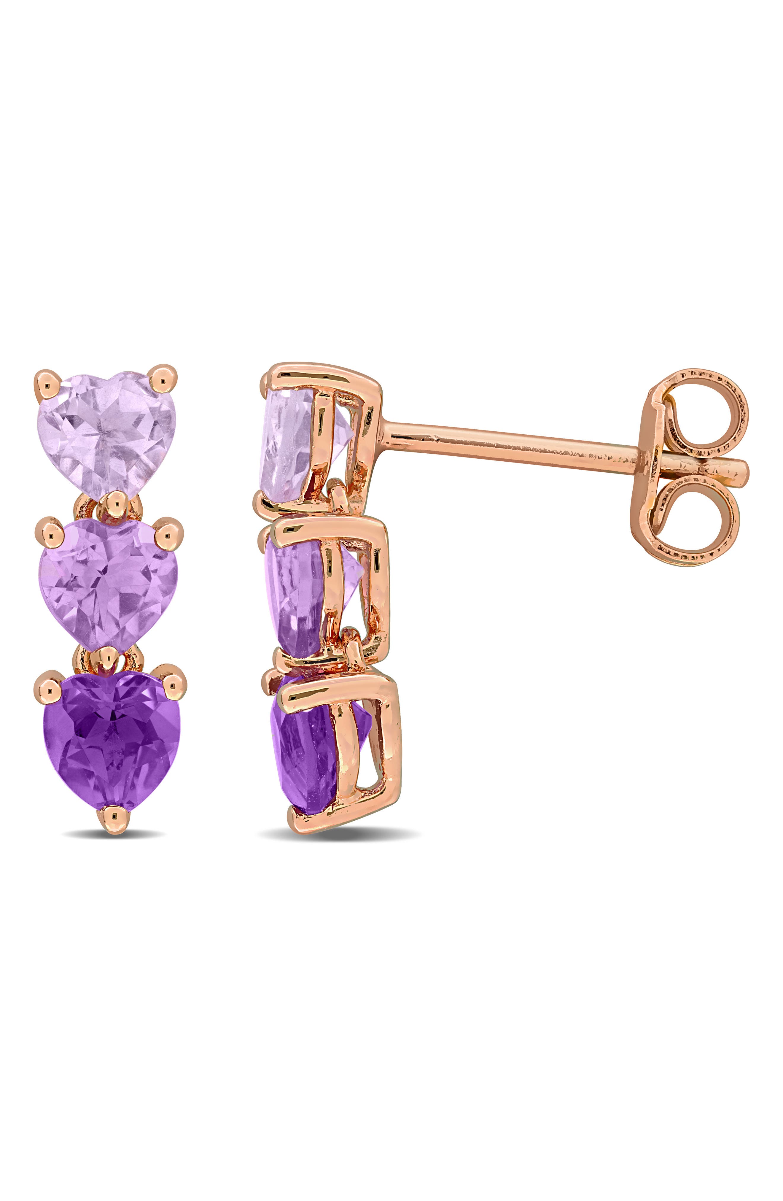 DELMAR Triple Amethyst Heart Stud Earrings