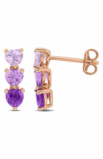 Triple Amethyst Heart Stud Earrings