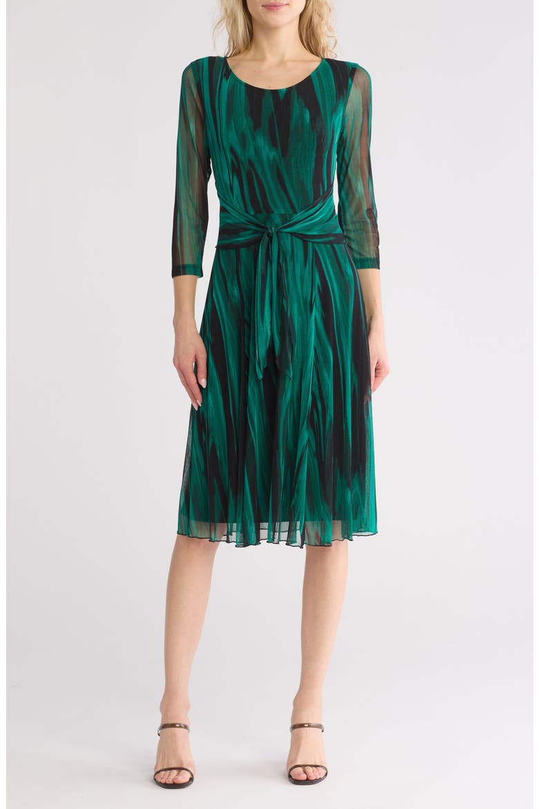 Mesh Tie Waist Long Sleeve Dress, Main, color, HUNTER