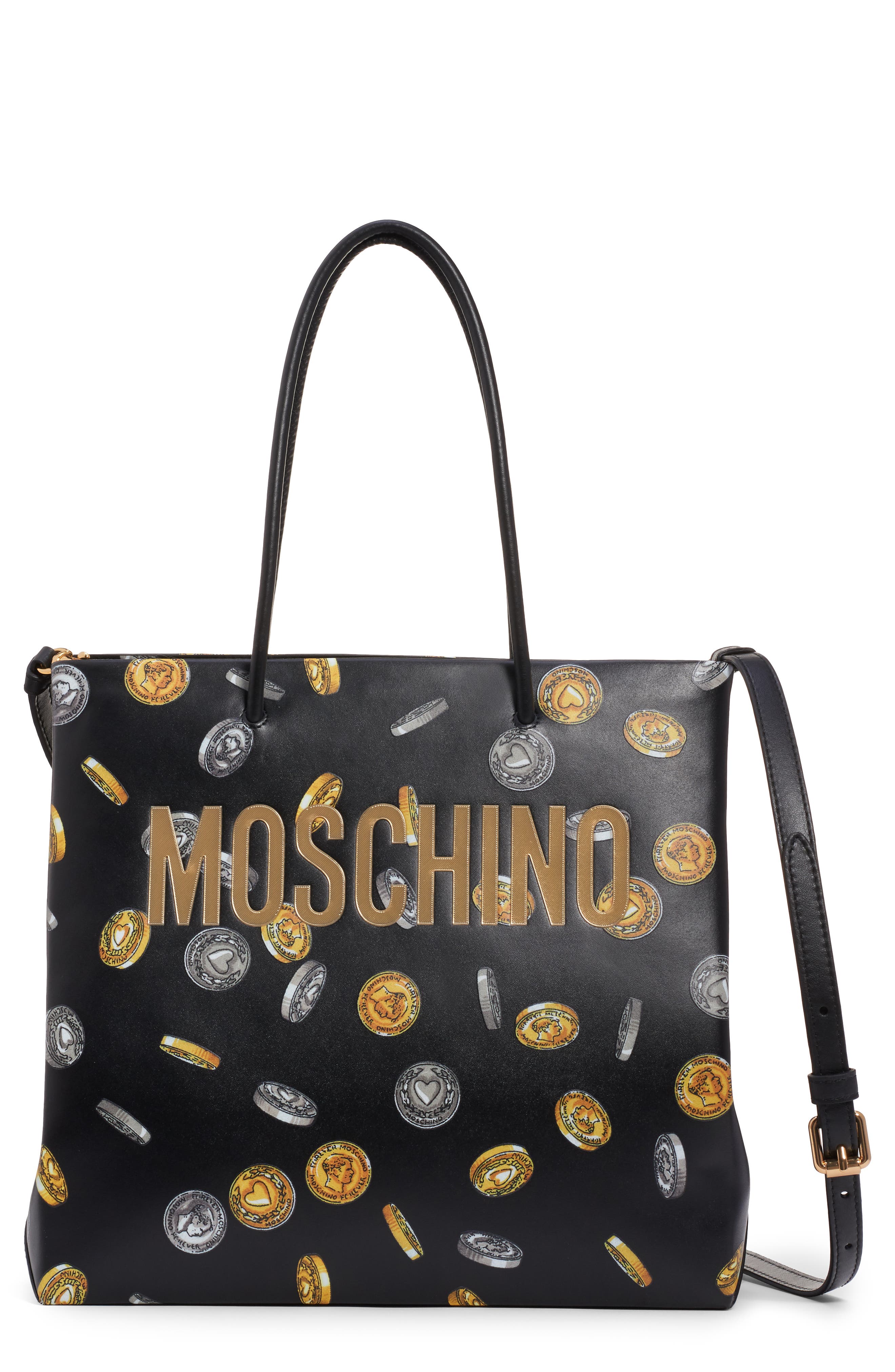 Moschino Logo Coin Print Faux Leather Tote, Main, color, 