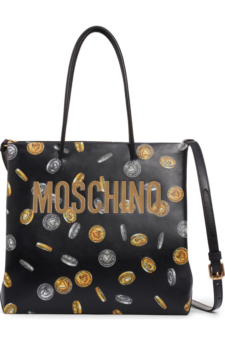 Moschino Logo Coin Print Faux Leather Tote, Main, color,