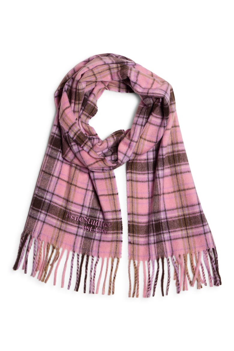 Canada Check Recycled Cashmere Blend Fringe Scarf, Alternate, color, PINK/ BLACK